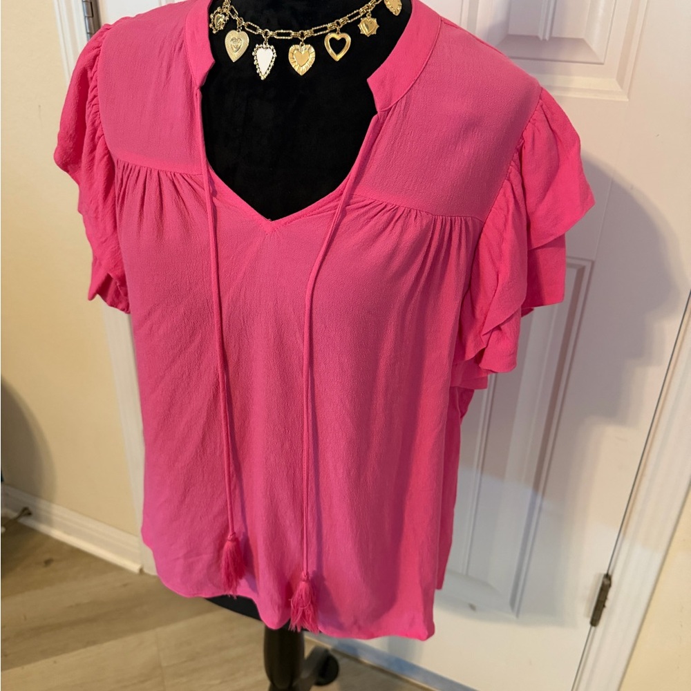 Women’s Hot Pink Ruffle Sleeve V-Neck Blouse with Tassel Tie - Picture 2 of 3